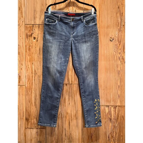 L.L. Bean Womens Floral Embroidered Stretch Denim Jeans Mid Rise Size 14 Blue Bo - Picture 1 of 10